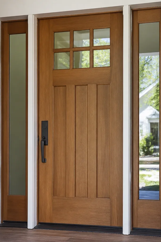 Entry door with sidelights showing uneven gaps near the jamb