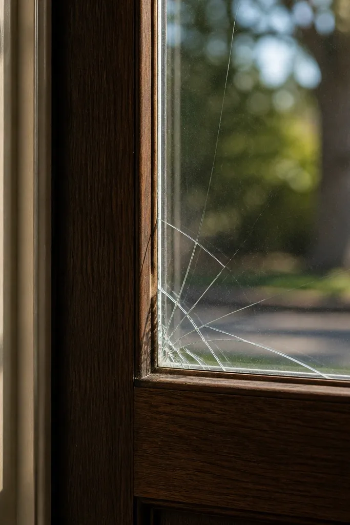 Door glass cracked near the corner