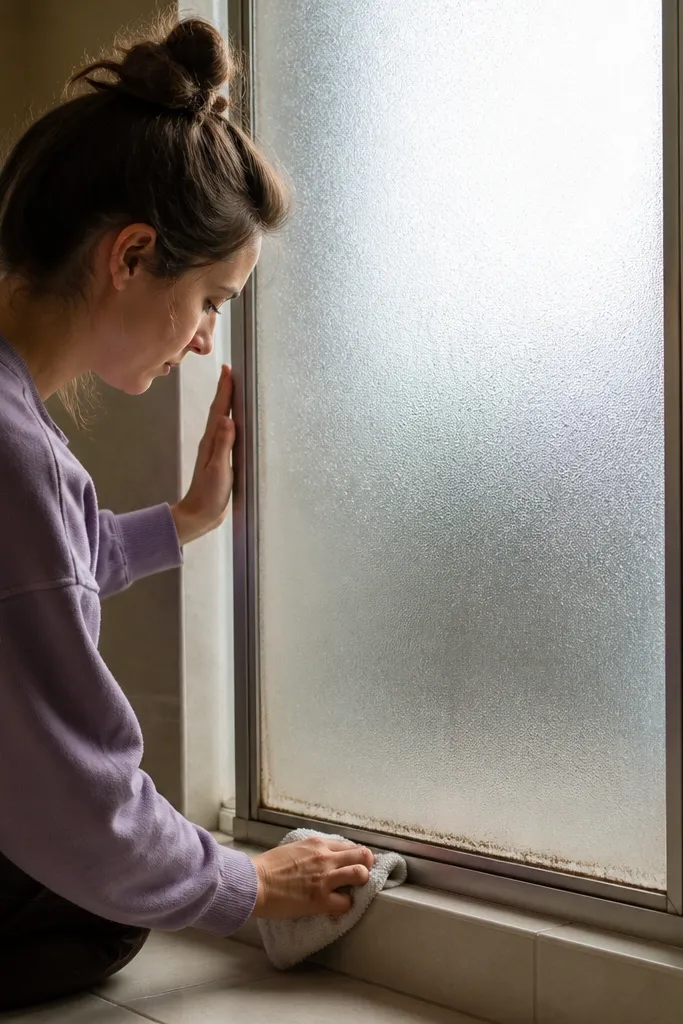 Frosted glass door with hard-to-reach grime lines at the bottom corners