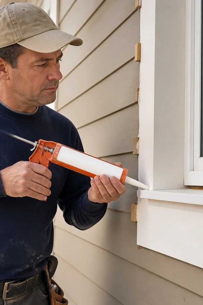 Exterior trim caulked over seams before shimming is finalized