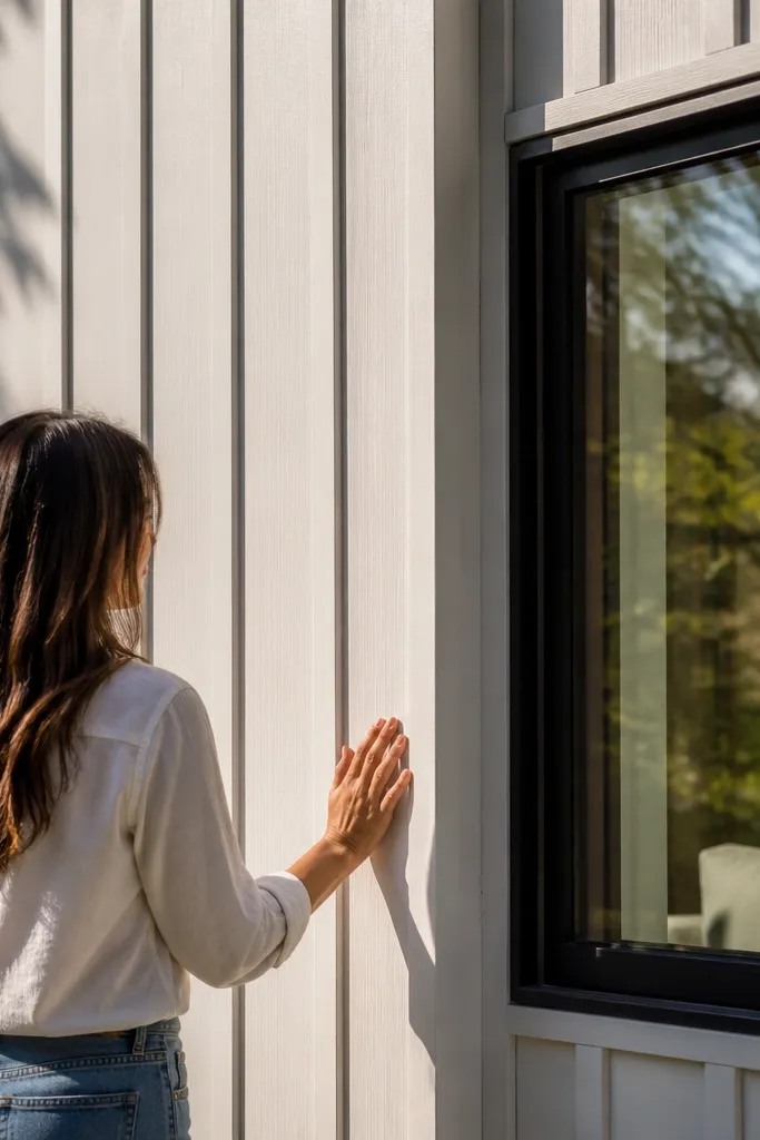 Gray siding with clean vertical battens and simple window trim
