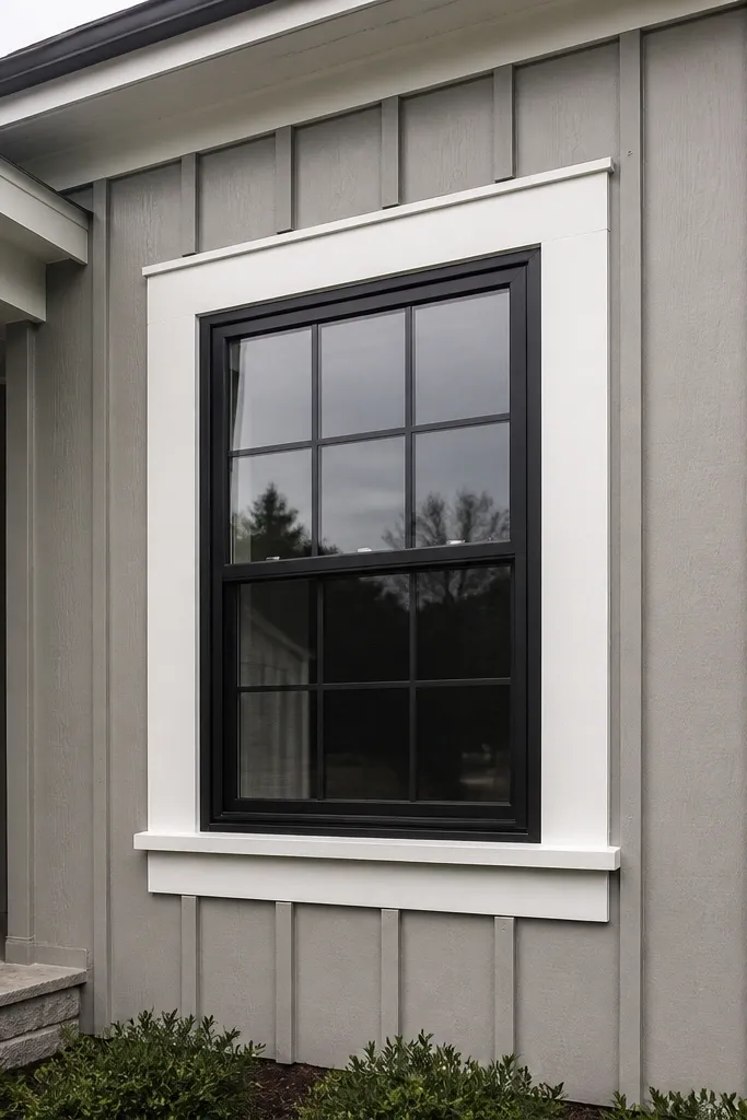 Tan facade with board-and-batten panels and framed windows