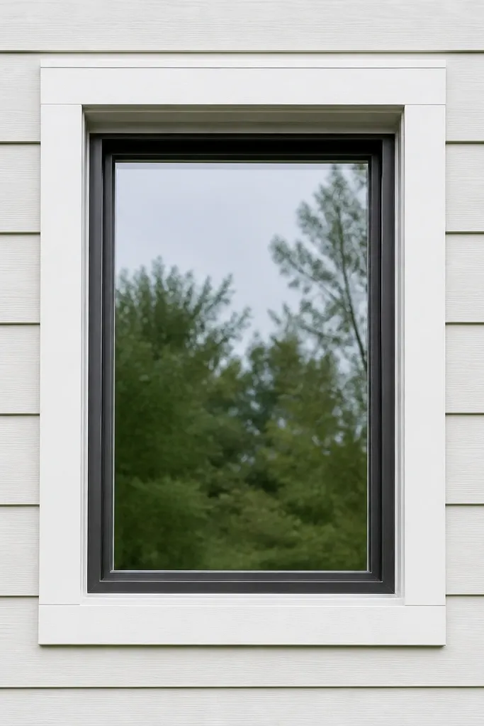 Clean white window surrounds with flat casing and a wide bottom apron