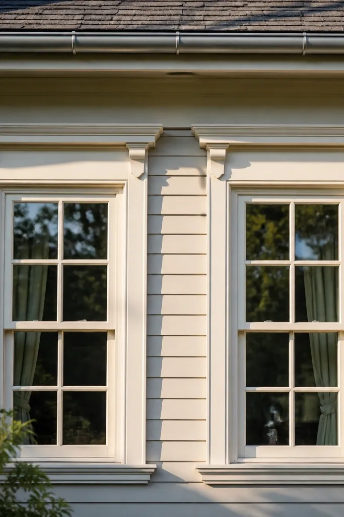 Windows with small crown headers and matching sill trim on a cream facade