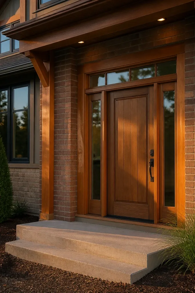 Brick-pattern entry bay with traditional trim framing the door