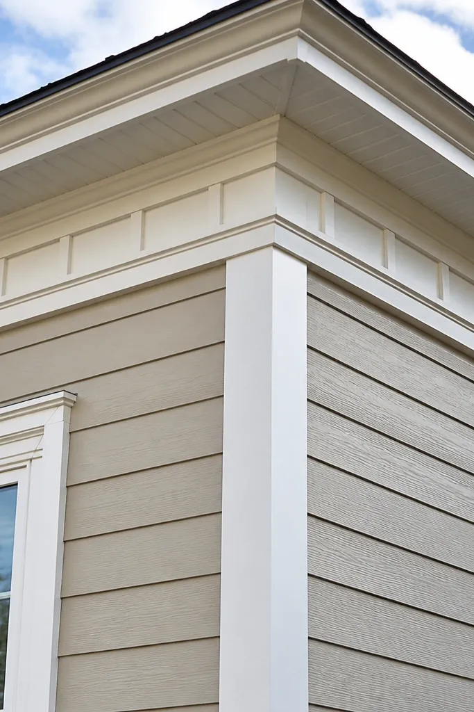 Cream facade with defined corner boards and a traditional frieze band under the roofline