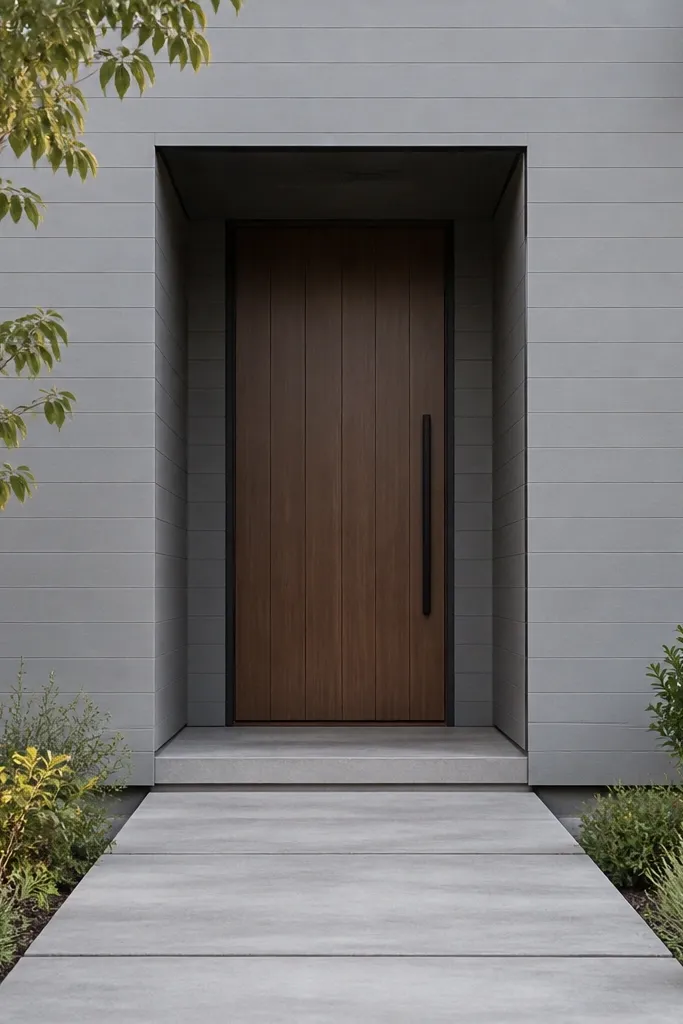 Modern entry door set back with a clean recessed frame and minimal trim