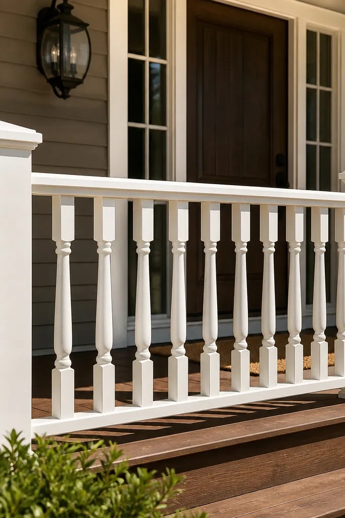 Traditional porch railing with evenly spaced balusters and matching posts
