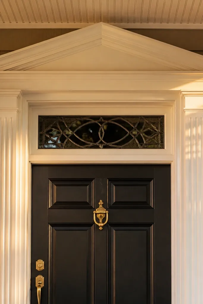 Front door with fluted trim casing and a small pediment above