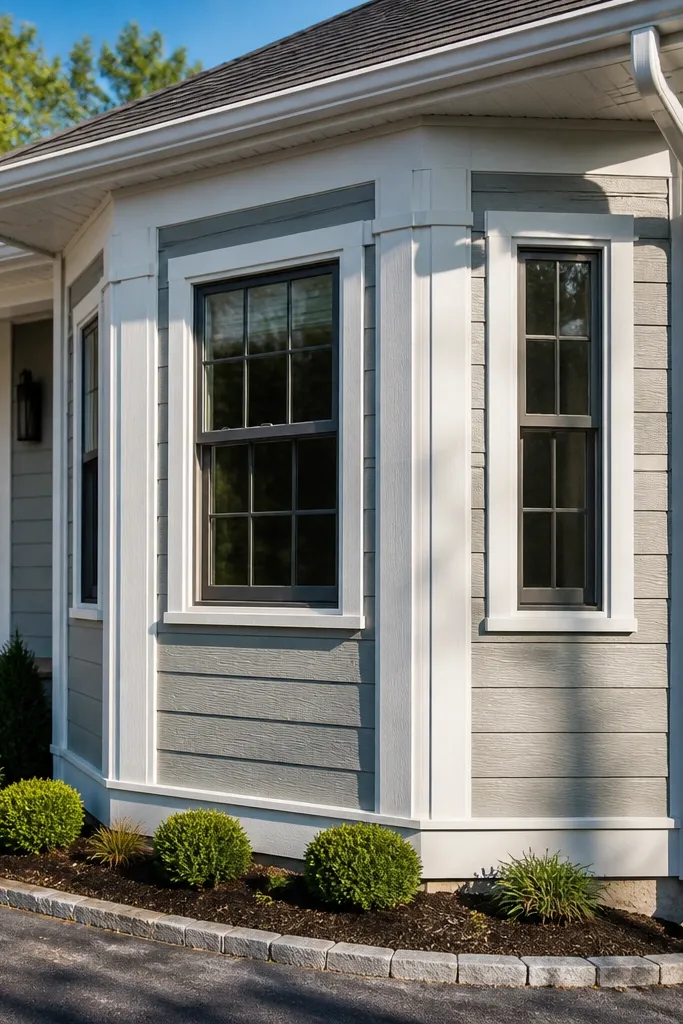 Textured front bay cladding with classic window casing