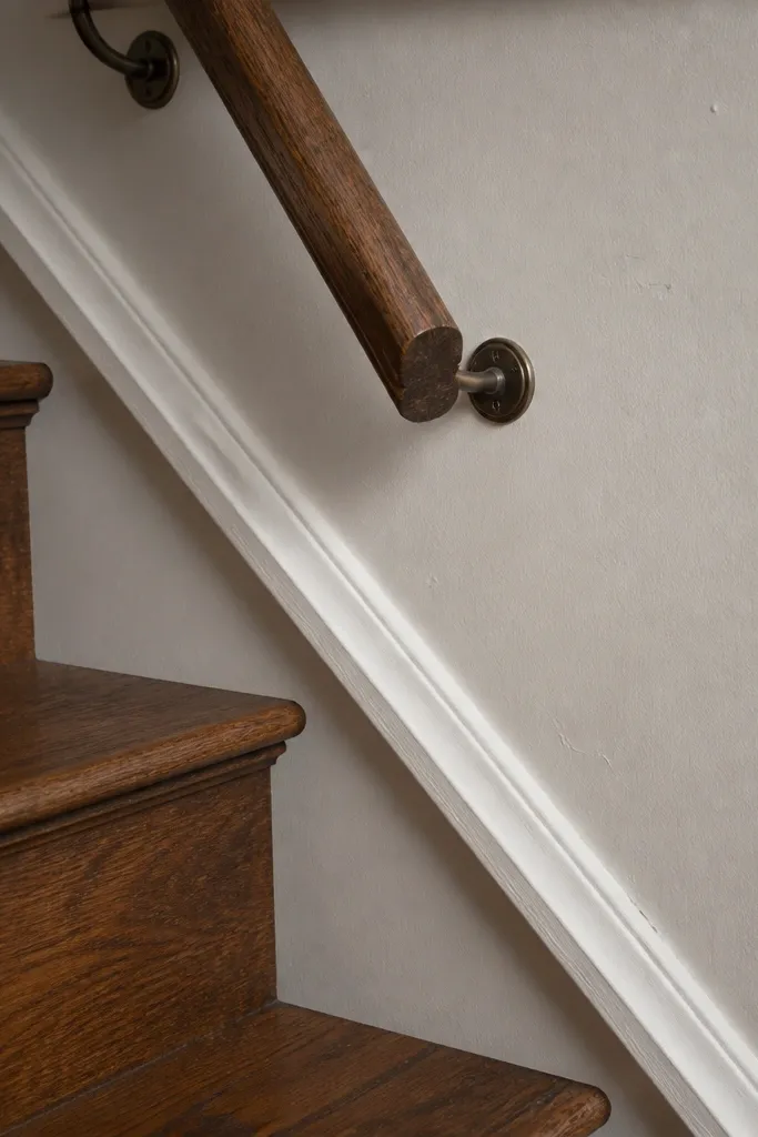 Measuring tape held to a stair wall with a marked handrail height line