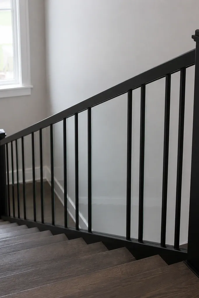 Stair opening with multiple balusters and a ruler measuring the gap between them