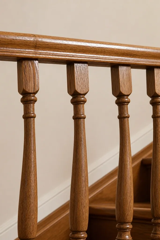 Wood balusters dry-fitted while the handrail is held level above them
