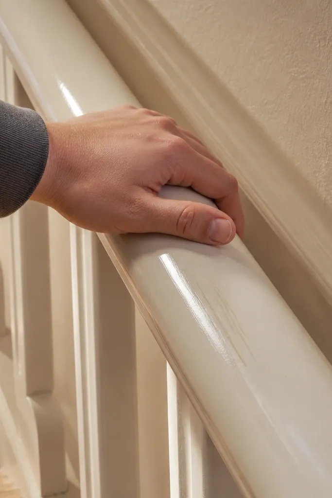 Wood handrail with a satin finish and fingers wiping a small section