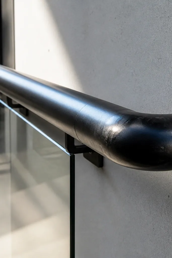 Matte black metal handrail with soft light reflection