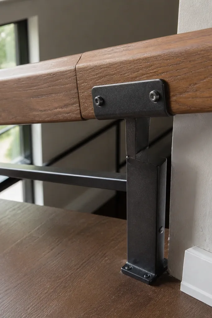 Wood handrail meeting a metal bracket with small gaps