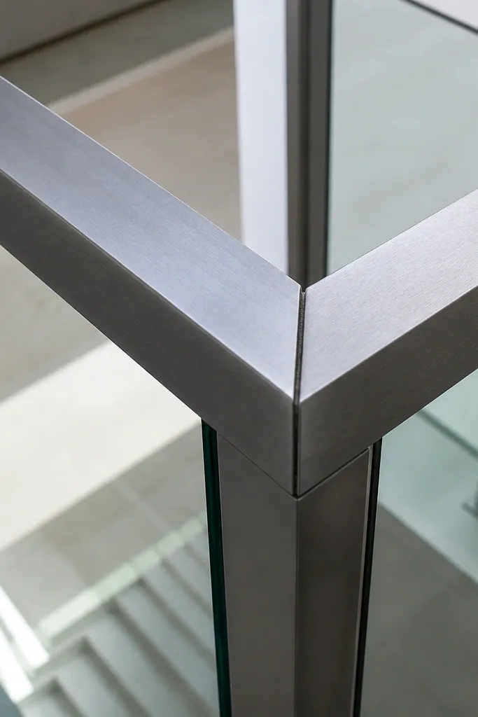 Corner where stair railing turns with visible seam gaps