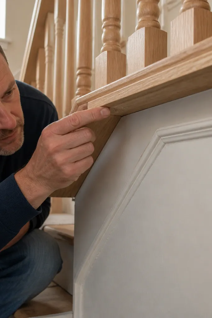 Wood baluster with raw edge visible where it meets a rail