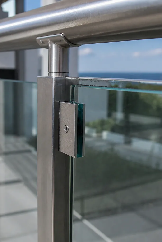 Stair railing with glass panel held by metal clamps and standoffs