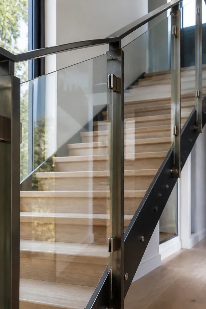 Stair stringer with uneven surface lines and a level tool