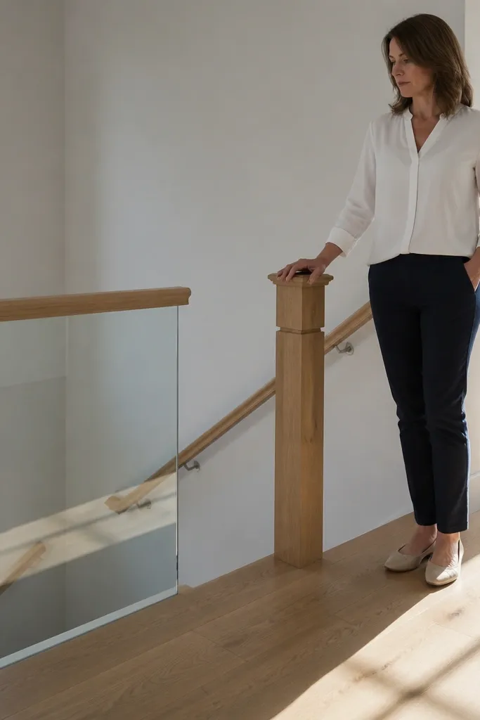 Stair landing with railing stopping short before the turn