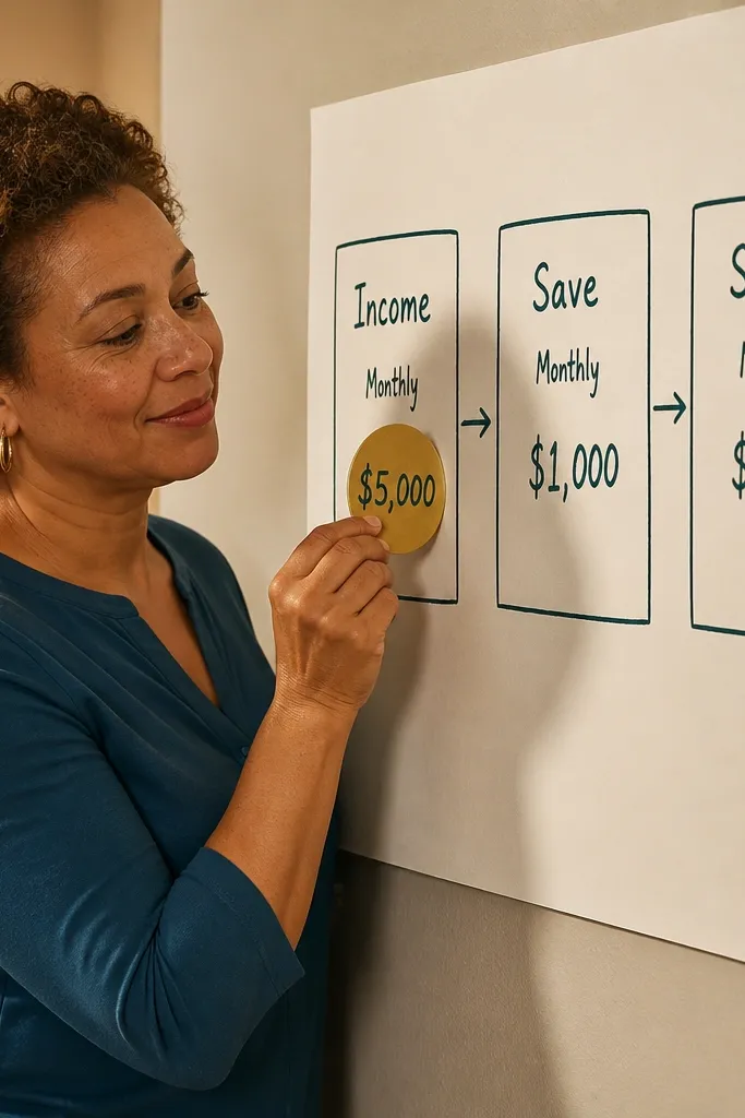 Three columns labeled income, savings, and spending with matching printed numbers and receipts