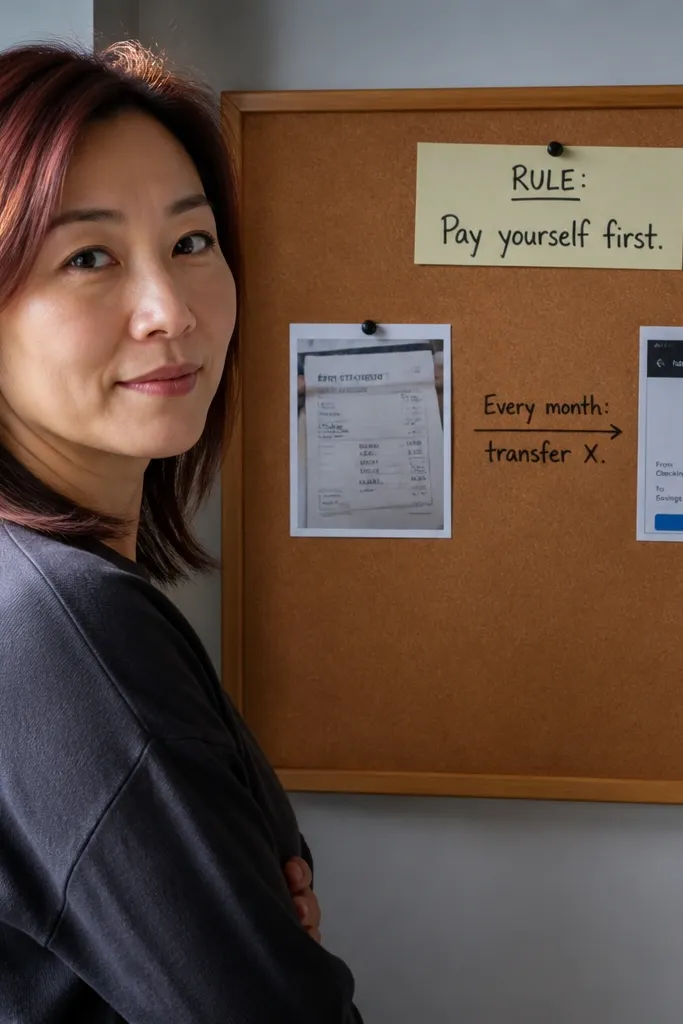 Two stacked images labeled rent and savings with a handwritten transfer amount