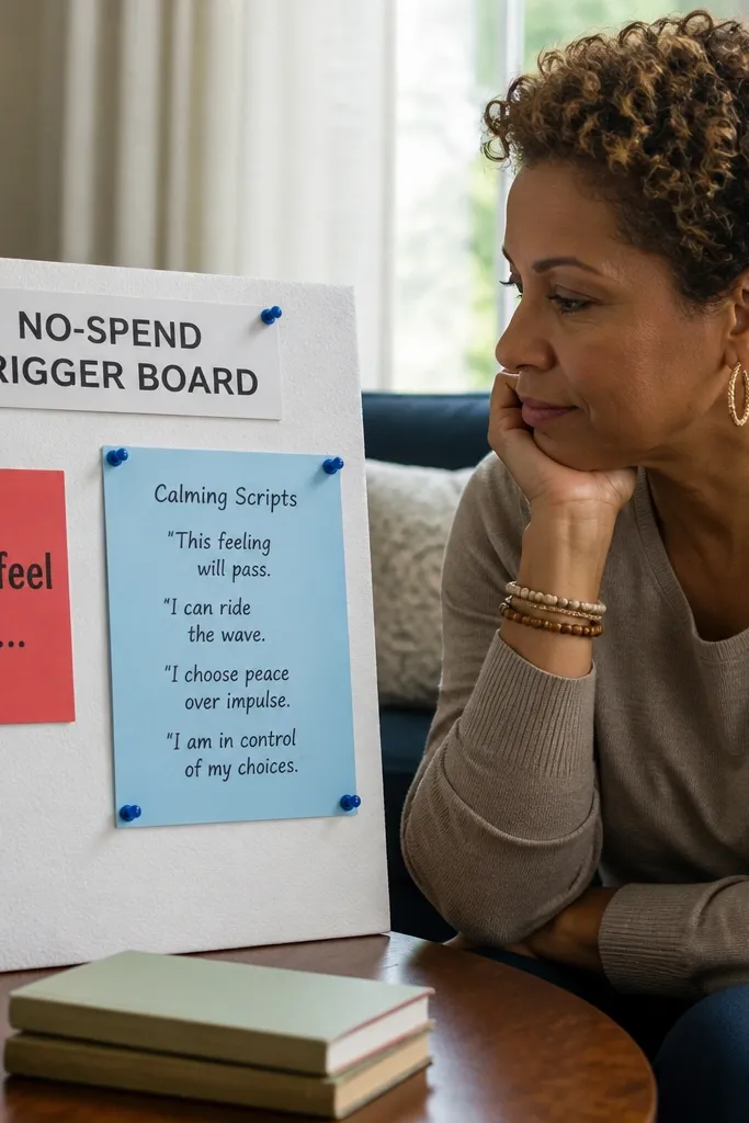 A board with a red stop icon, a handwritten script, and a savings number
