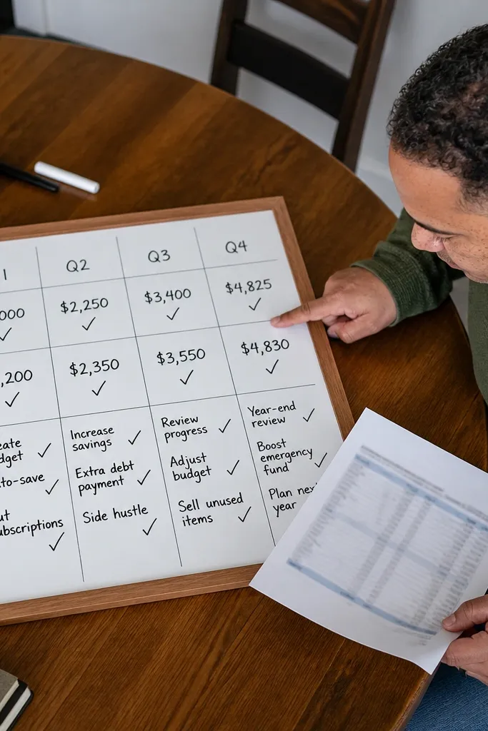 A scorecard grid with three rows labeled savings, debt, and income and quarter progress bars