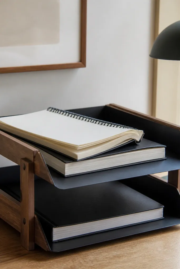 Two-tier letter tray holding a notebook stack and a few pens