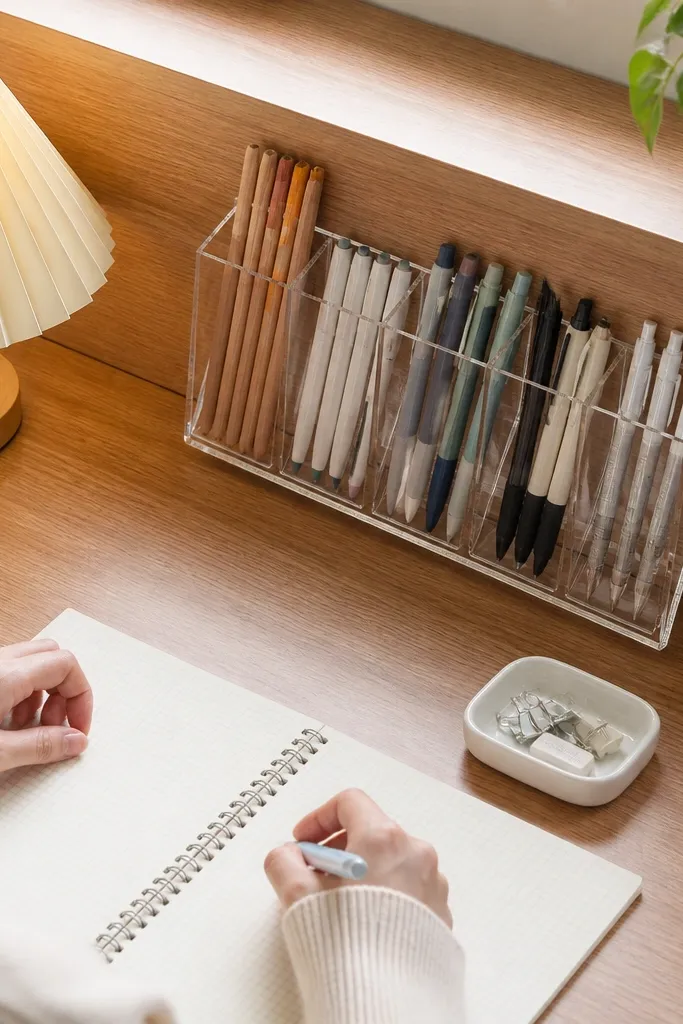 Clear pen holder on a slanted base with pens standing upright