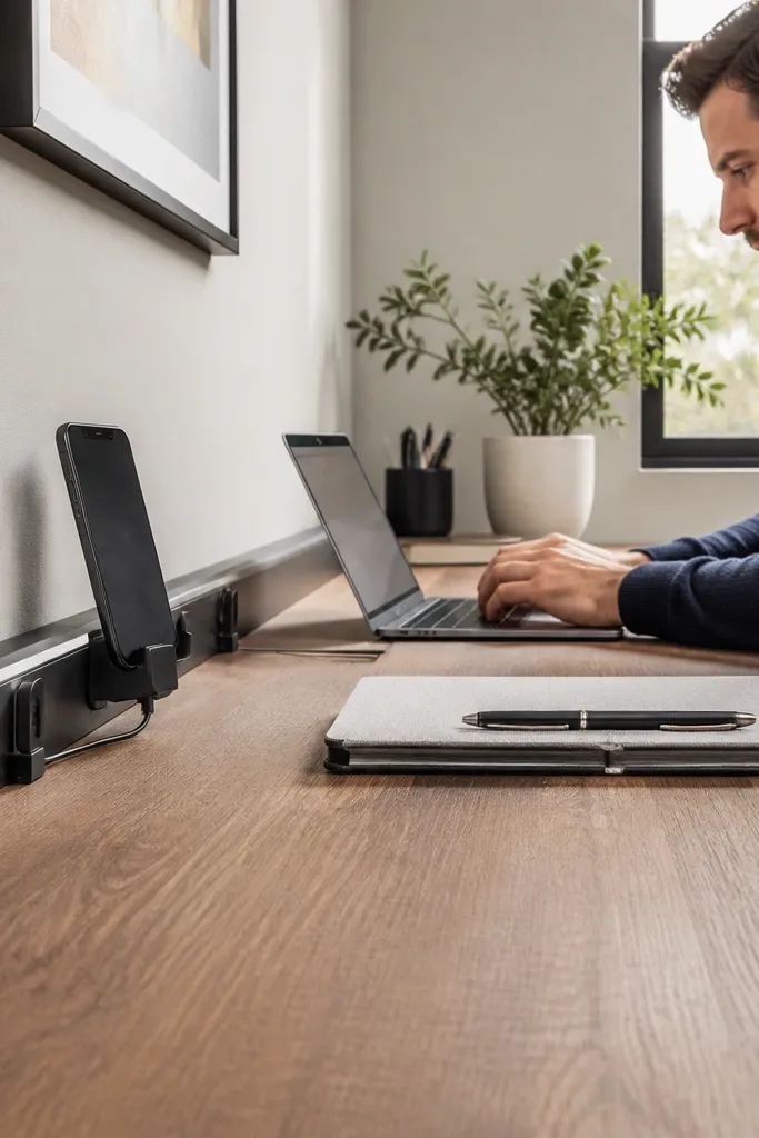 Small charging dock with cables routed through clips along the desk edge