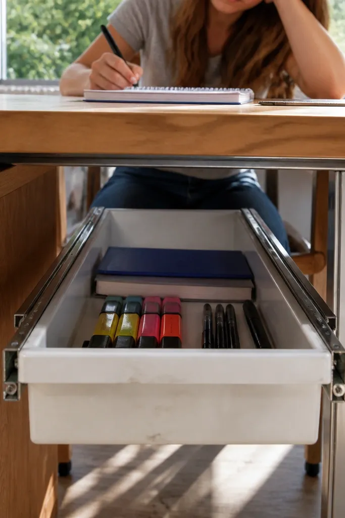 Small pullout drawer under desk holding notebooks and stationery