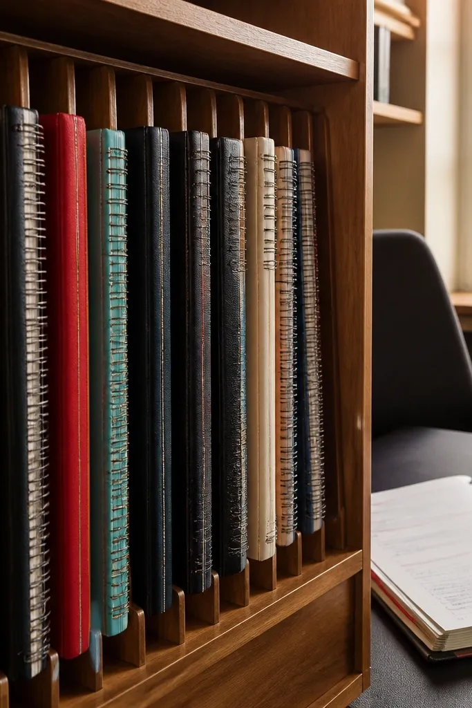 Vertical notebook organizer showing spines with three labeled sections