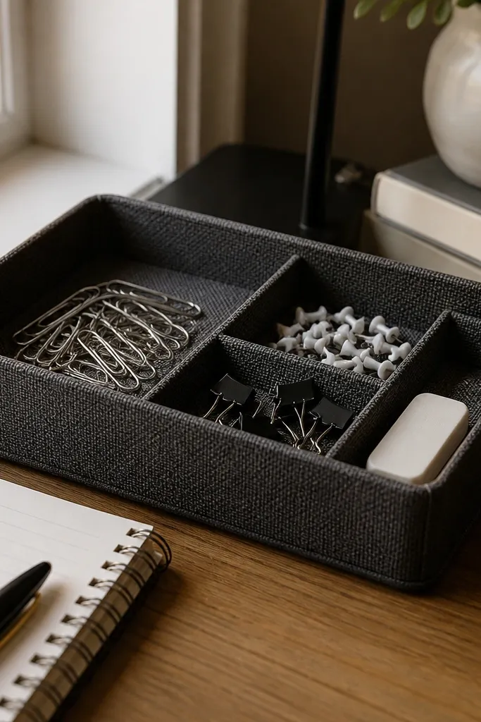 Fabric-lined tray holding small stationery like clips, erasers, and binder clips