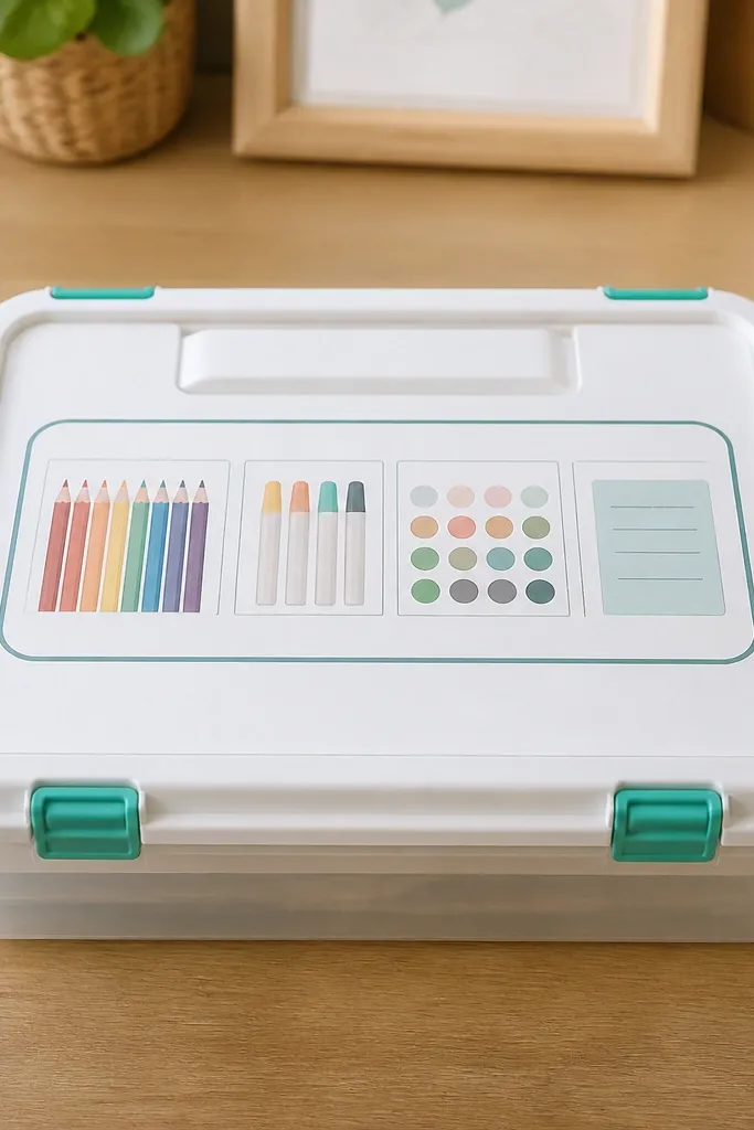 Lidded storage box with labeled lid and tidy art tools inside