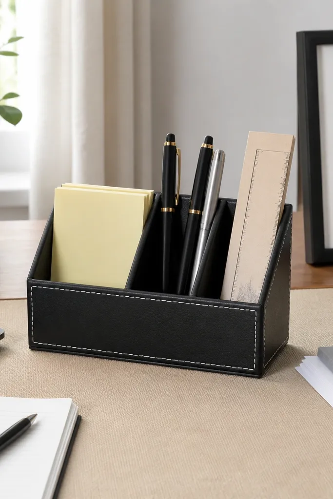Tri-slot desk organizer with pens in one side, sticky notes in another, ruler on top