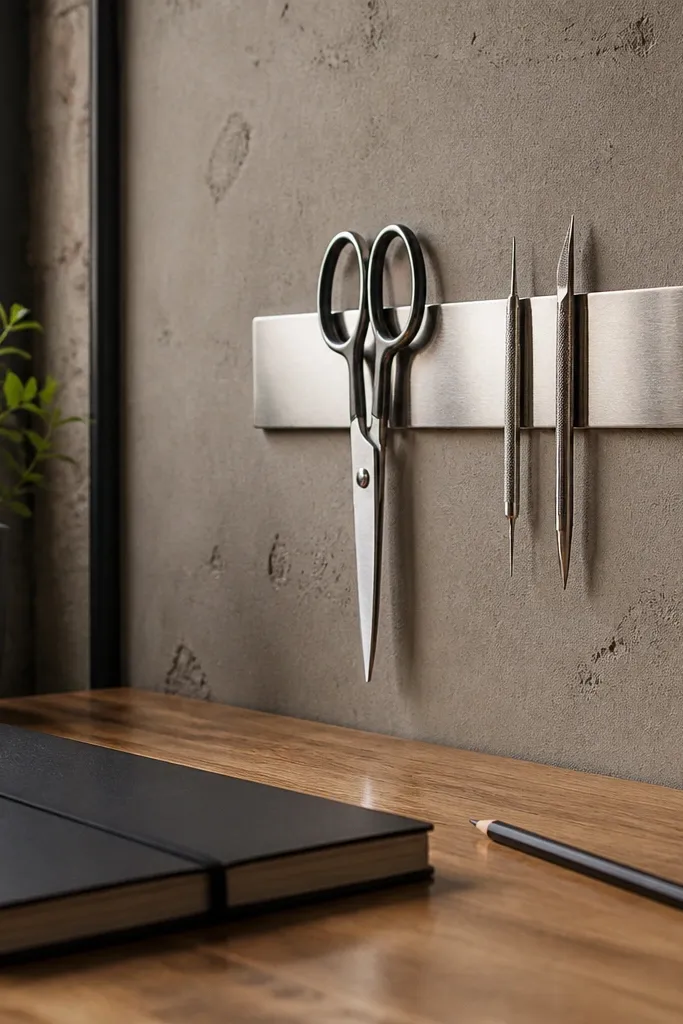 Magnetic strip holding metal tools like scissors and a box cutter