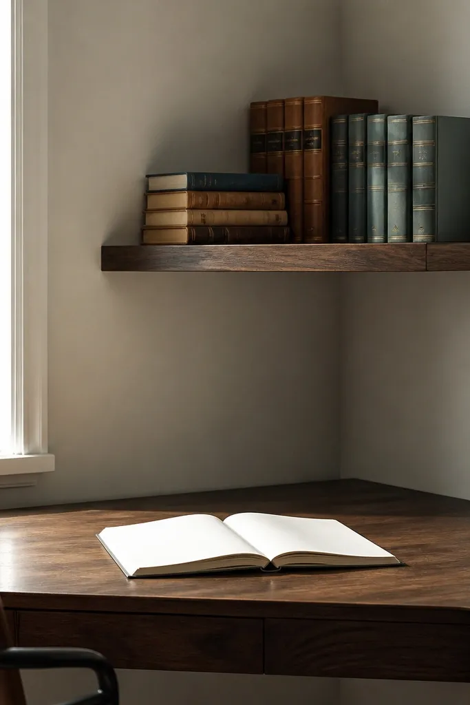 Small floating shelf in desk corner holding neatly stacked reference books