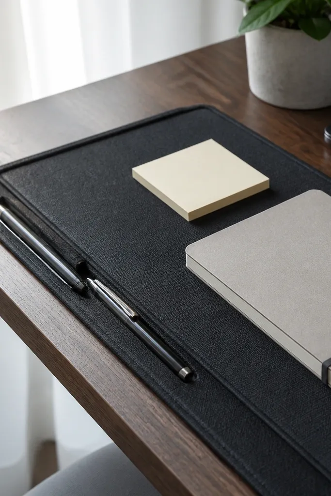 Leather-look desk mat with a pen channel along the edge