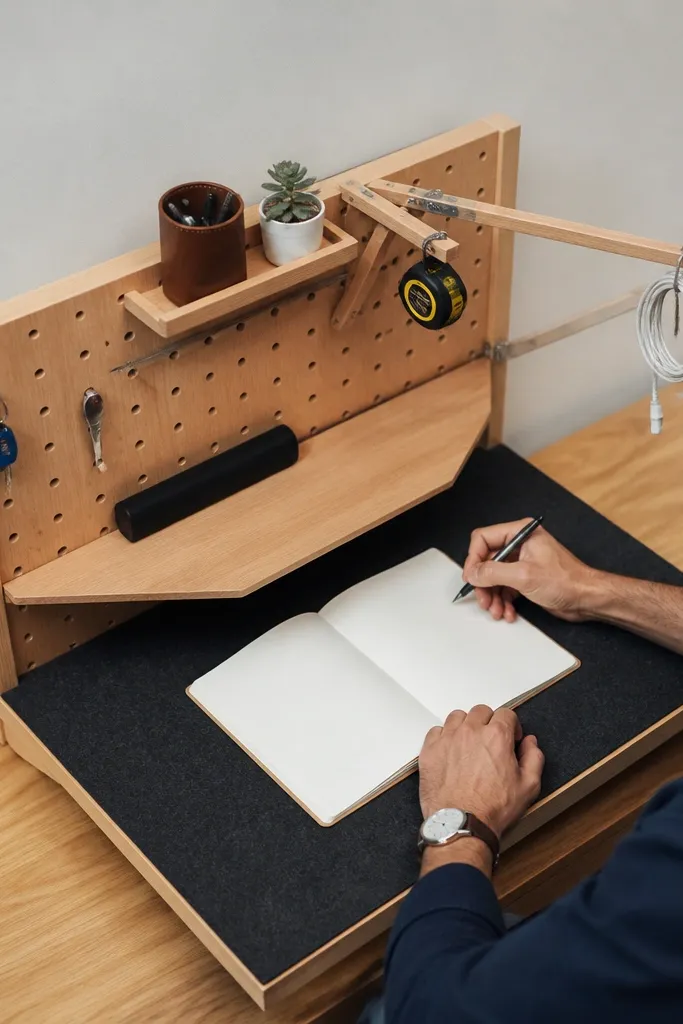 Desktop pegboard panel with small baskets and swing hooks