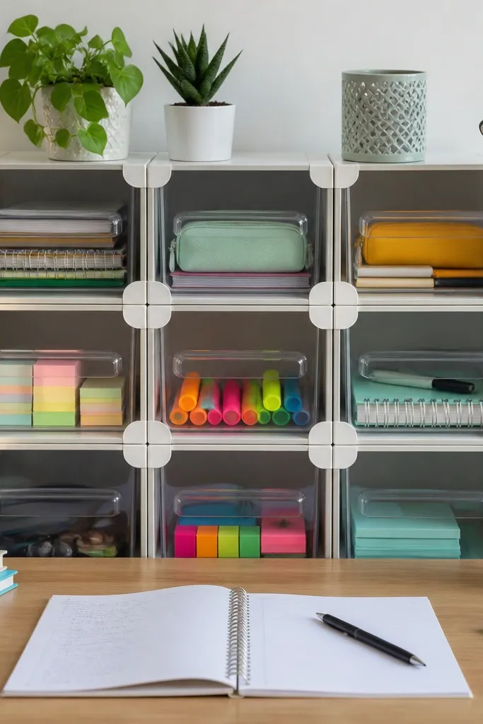 Stackable storage cubes with one row of clear bins for visible supplies