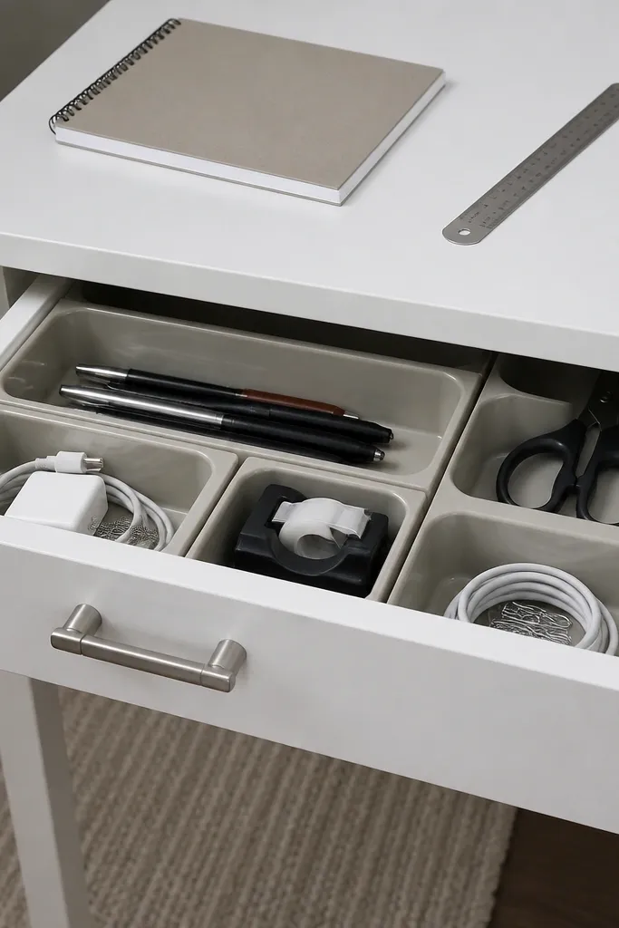 Top drawer with labeled dividers for pens, sticky notes, and small tools