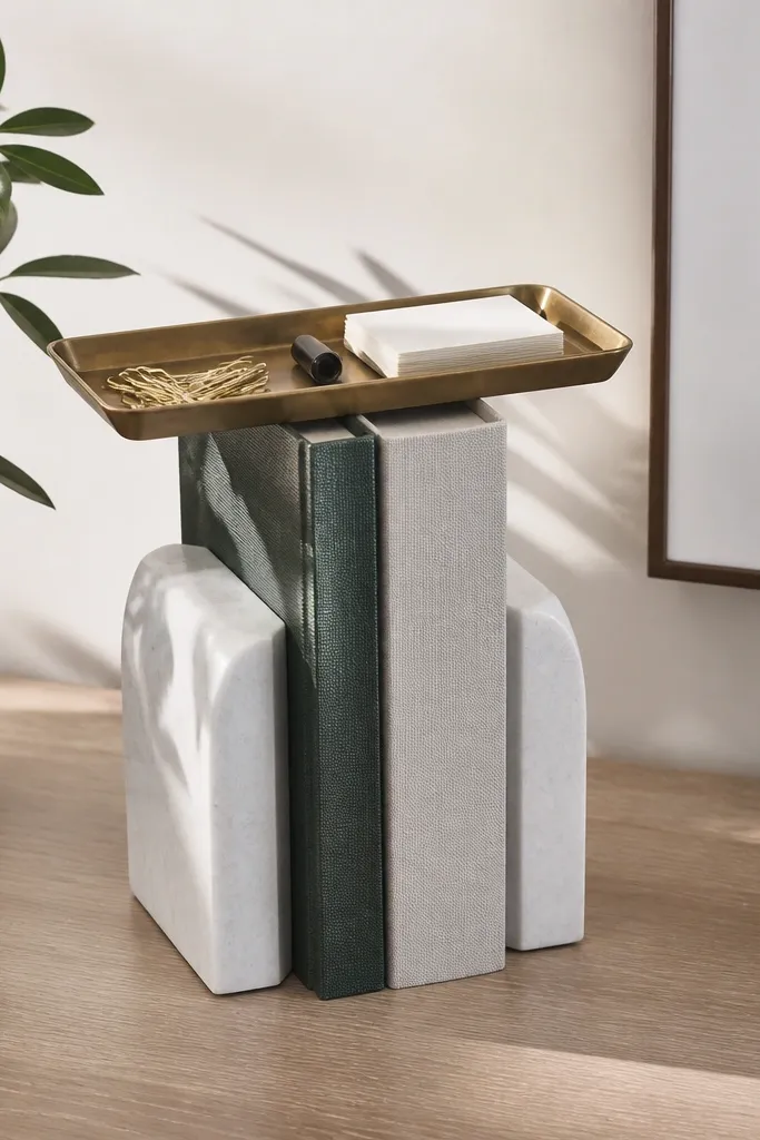 Bookends holding a few books with a slim tray for paper clips on top
