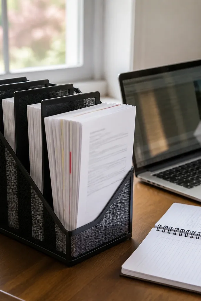 Vertical magazine file with dividers labeled for assignments and submissions