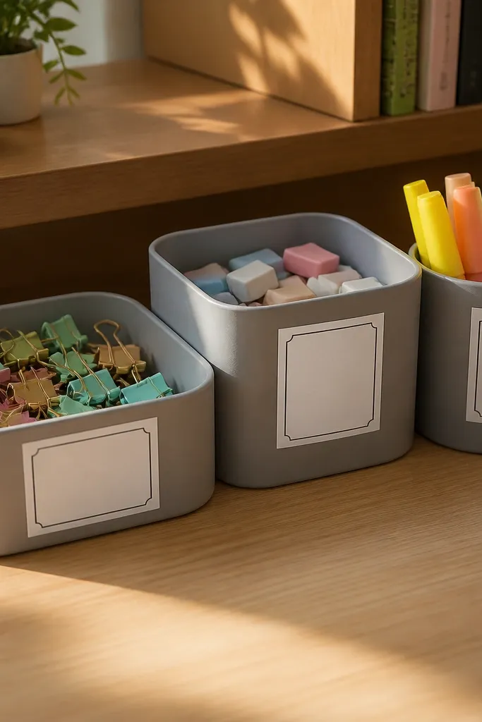 Desk containers with small laminated labels on the front edges