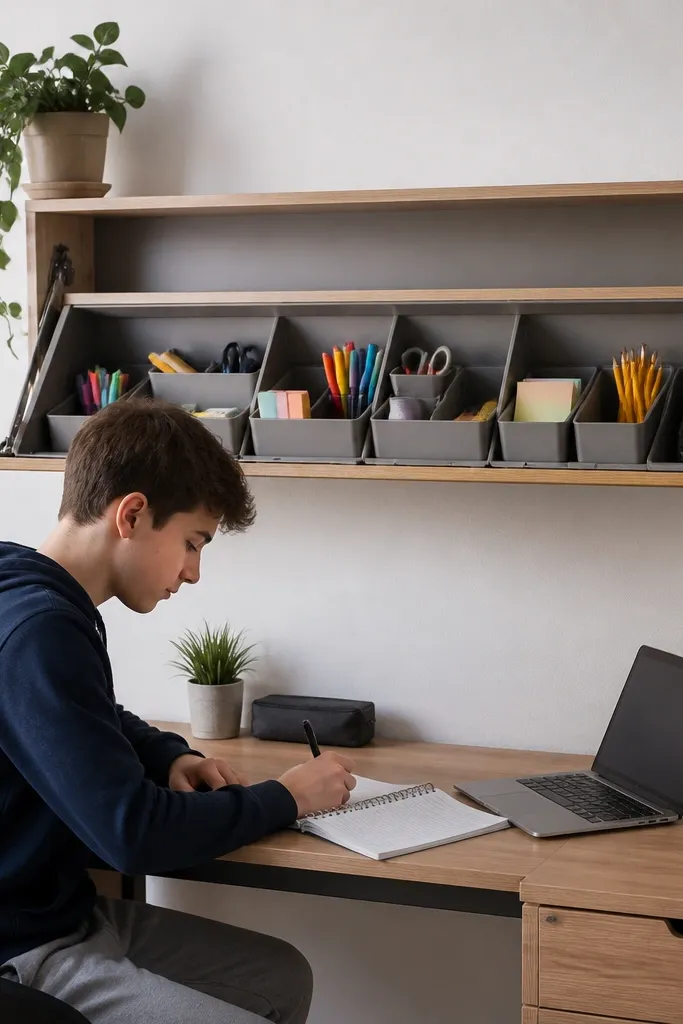 Wall shelf with a fold-down organizer panel and small bins