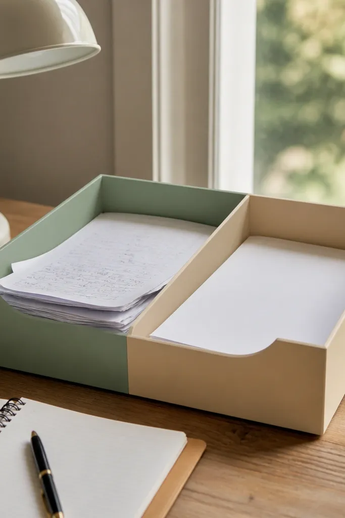 Paper tray split into two color sections for drafts and finals