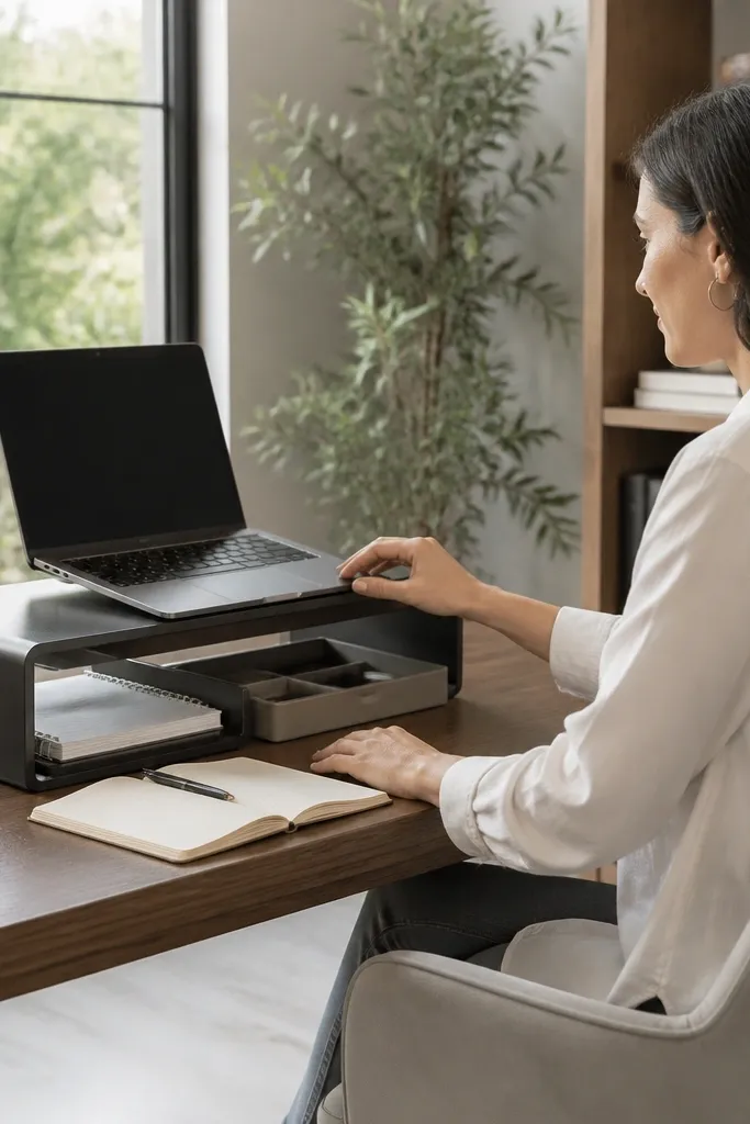 Laptop on a low desk riser with a slim notepad stand beside it