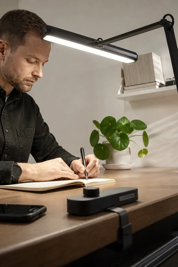 Clamp lamp above desk with a slim timer dock and tidy cable run